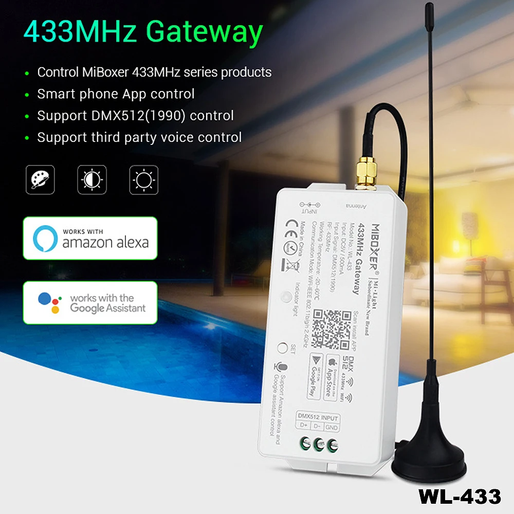 Miboxer-Gateway Wi-Fi com Controle de Voz, App LoRa, WL-433, DC5V, 433MHz, DMX512, 1990, Produtos da Série Smartphone