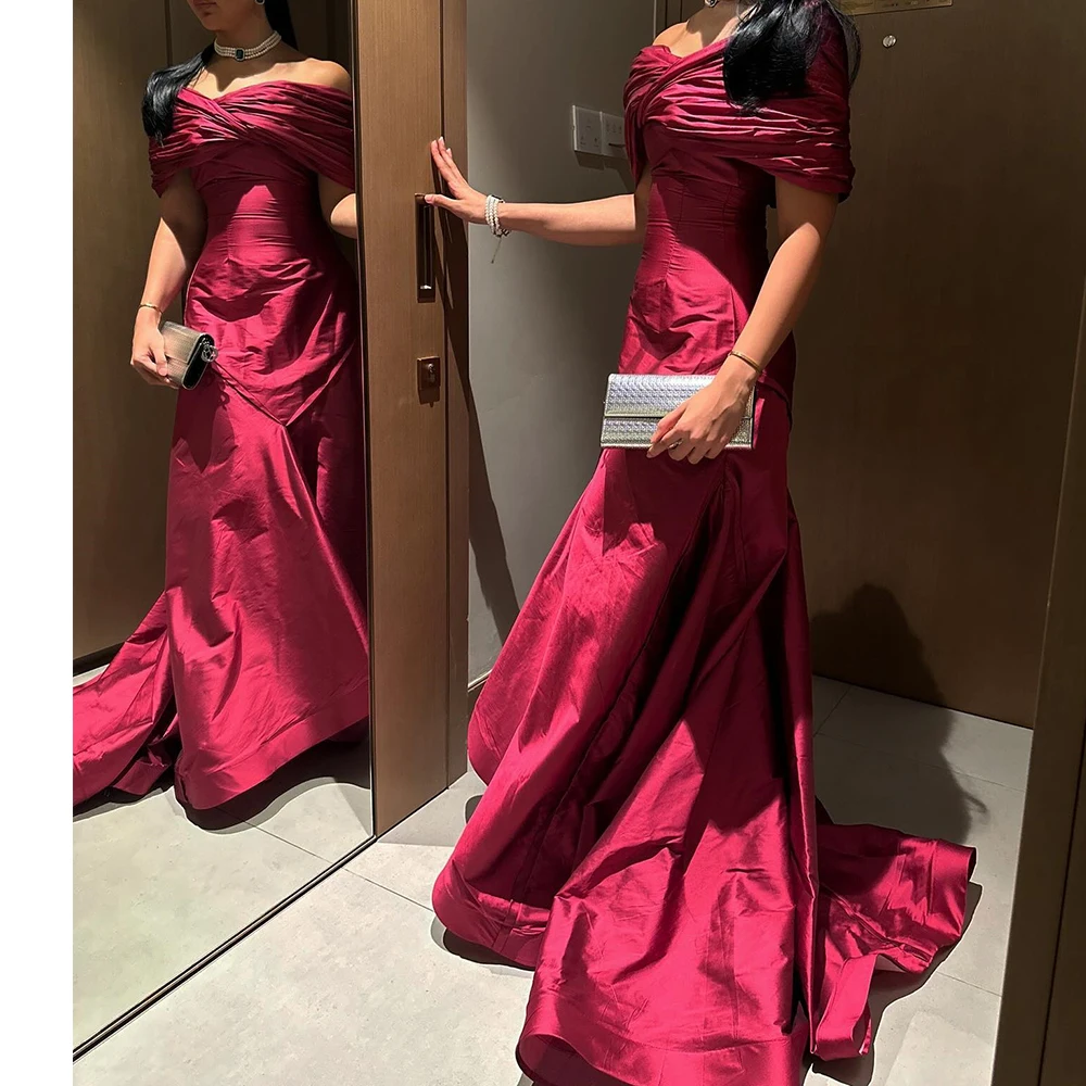 Customized Classic Off the Shoulder Satin Half Sleeves Pleats Evening Dress Temperament Chapel Train Photo Color Party Gown