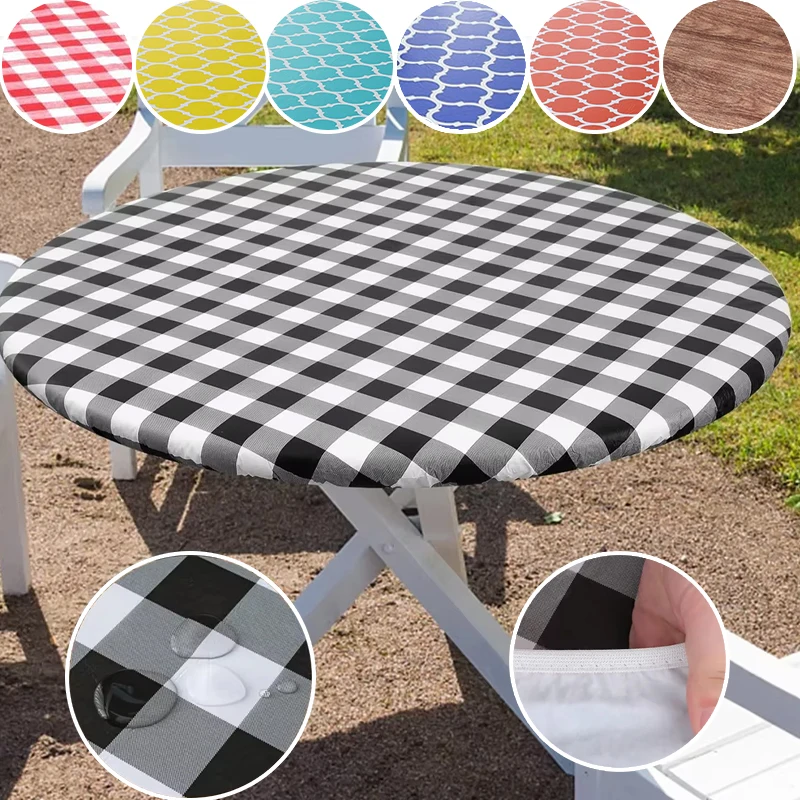 

Newly PVC Tablecloth Waterproof Windproof Non Slip Elastic Fitted Round Table Cover for Kitchen Dining Party Home Decoration
