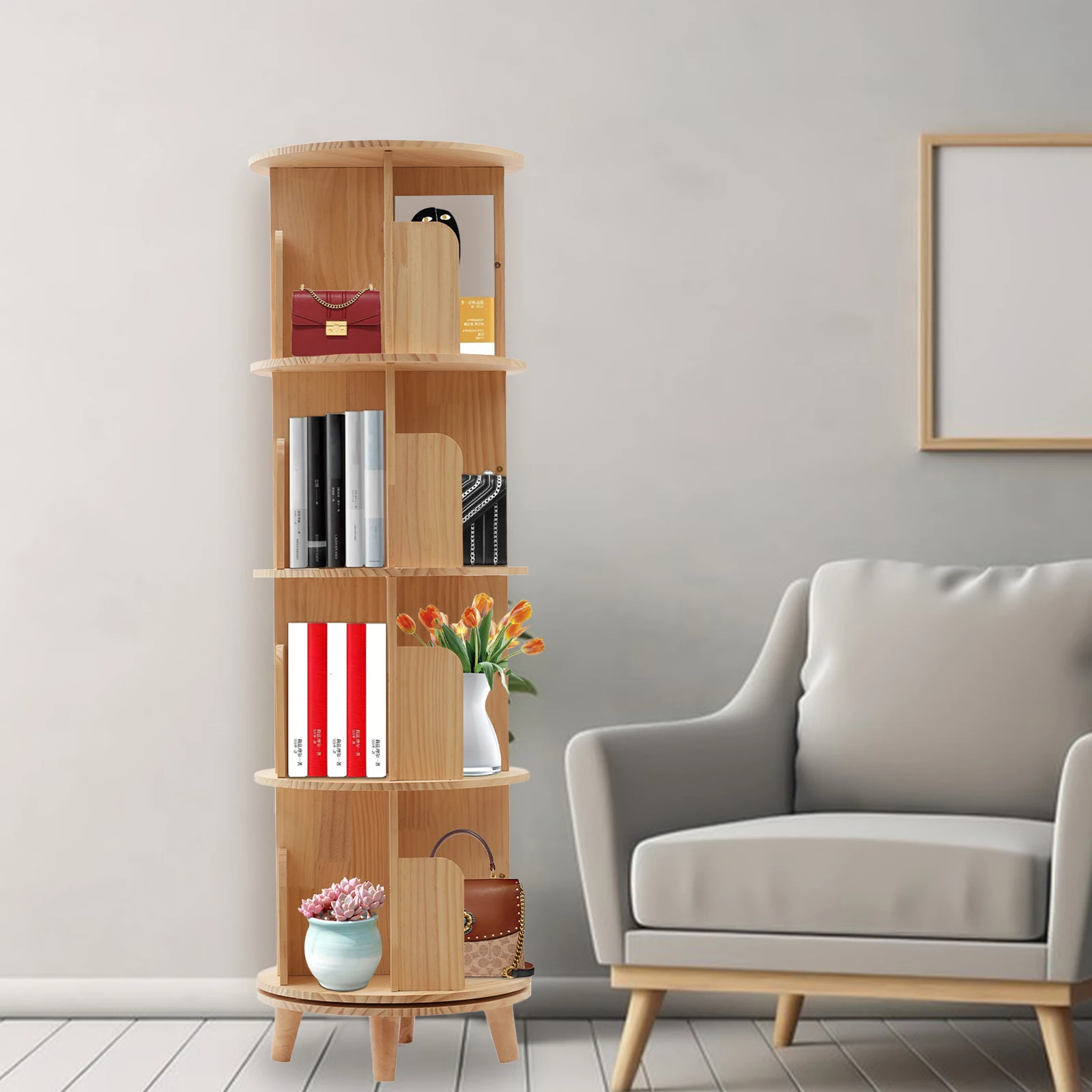 4-tier Bookshelf Wooden 360° Rotating Book Storage Rack 56.3*17.72in 110lbs Space Saving shelf for Book Decor Potted Plants