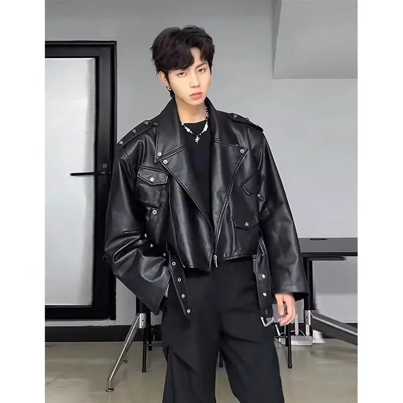 2026 new Spring Autumn Trendy Handsome High-End Feel Motorcycle PU Leather Jacket Top American Retro Short Leather Jacket Men's