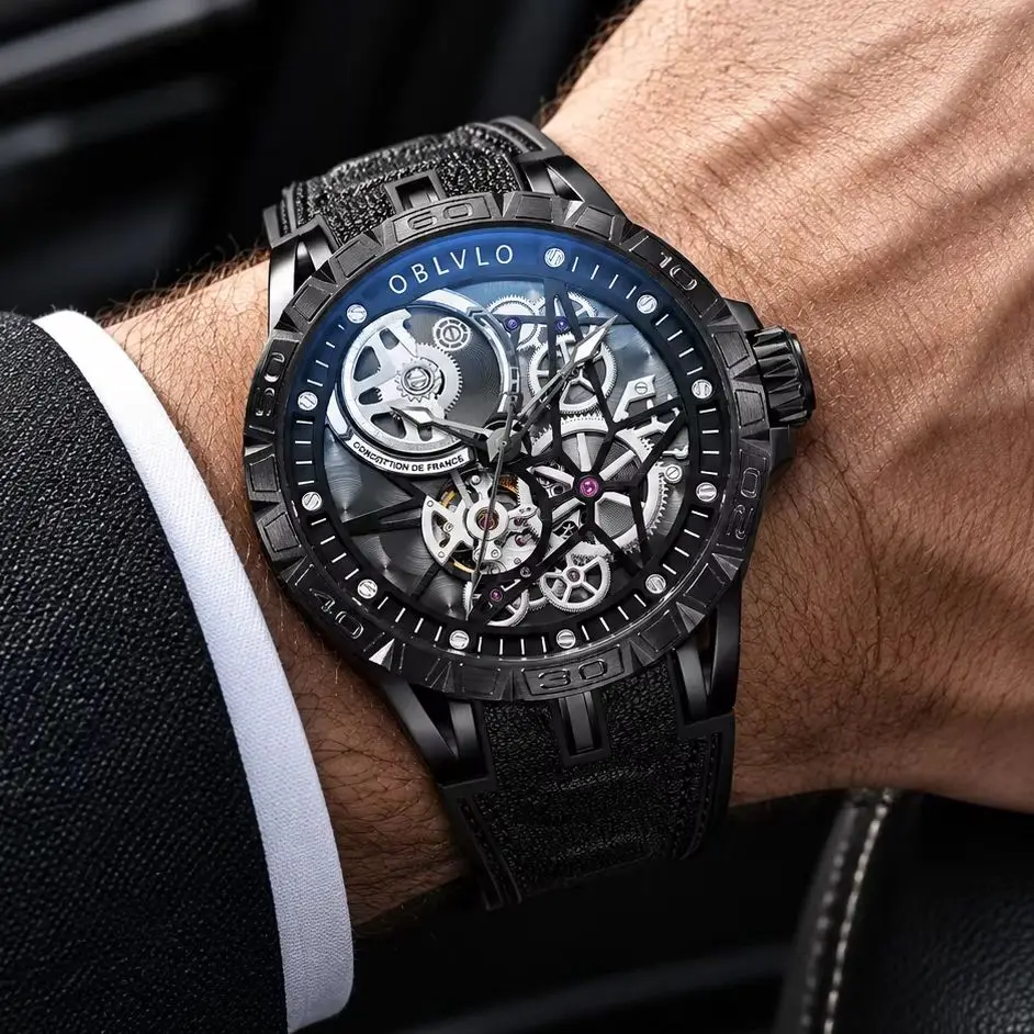 OBLVLO Men's Black PVD Mechanical Automatic Skeleton Watch MilitaryStyle Luminous Hands WaterproofRubber Strap Mechanical Design