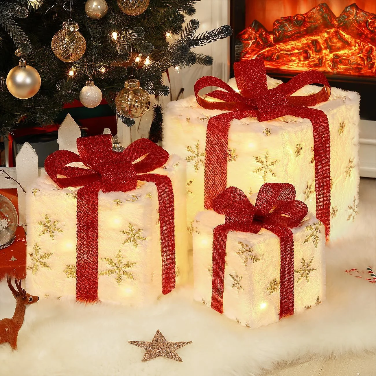 3Pcs/Set PVC Christmas Gift Box Set Luminous Folding Christmas Lighting Box with Bow Ribbon Christmas Glowing Decoration Outdoor