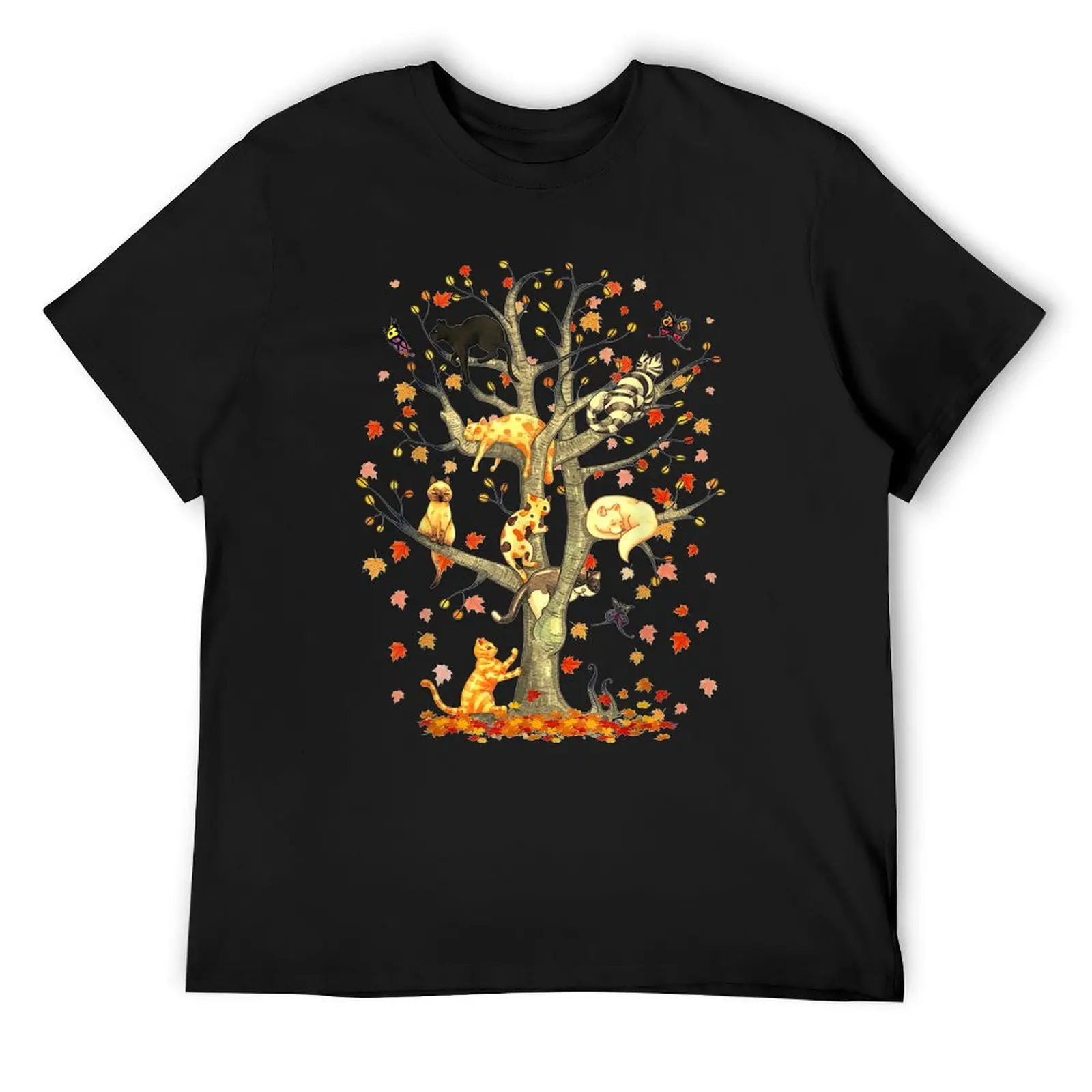 Cats Fall Autumn Climbing Maple Leaf Tree Funny Cat Lovers T-Shirt Short sleeve tee hippie clothes mens big and tall t shirts