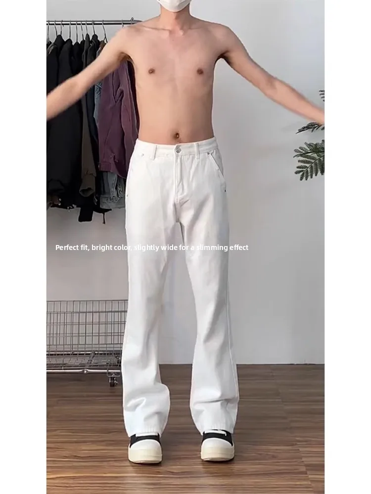 

Мужские джинсы прямого кроя, белые, винтажные, в американском стиле, молодежные, модные, прочные, из смесового хлопка и полиэстера, длинные брюки