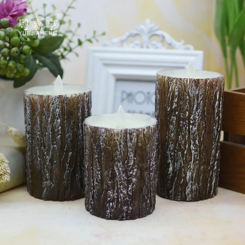 

Battery Operated Flameless Pillar Candles Cycling 24 Hours Timer Flickering LED Pine Bark Swing Candles Pine Bark Effect