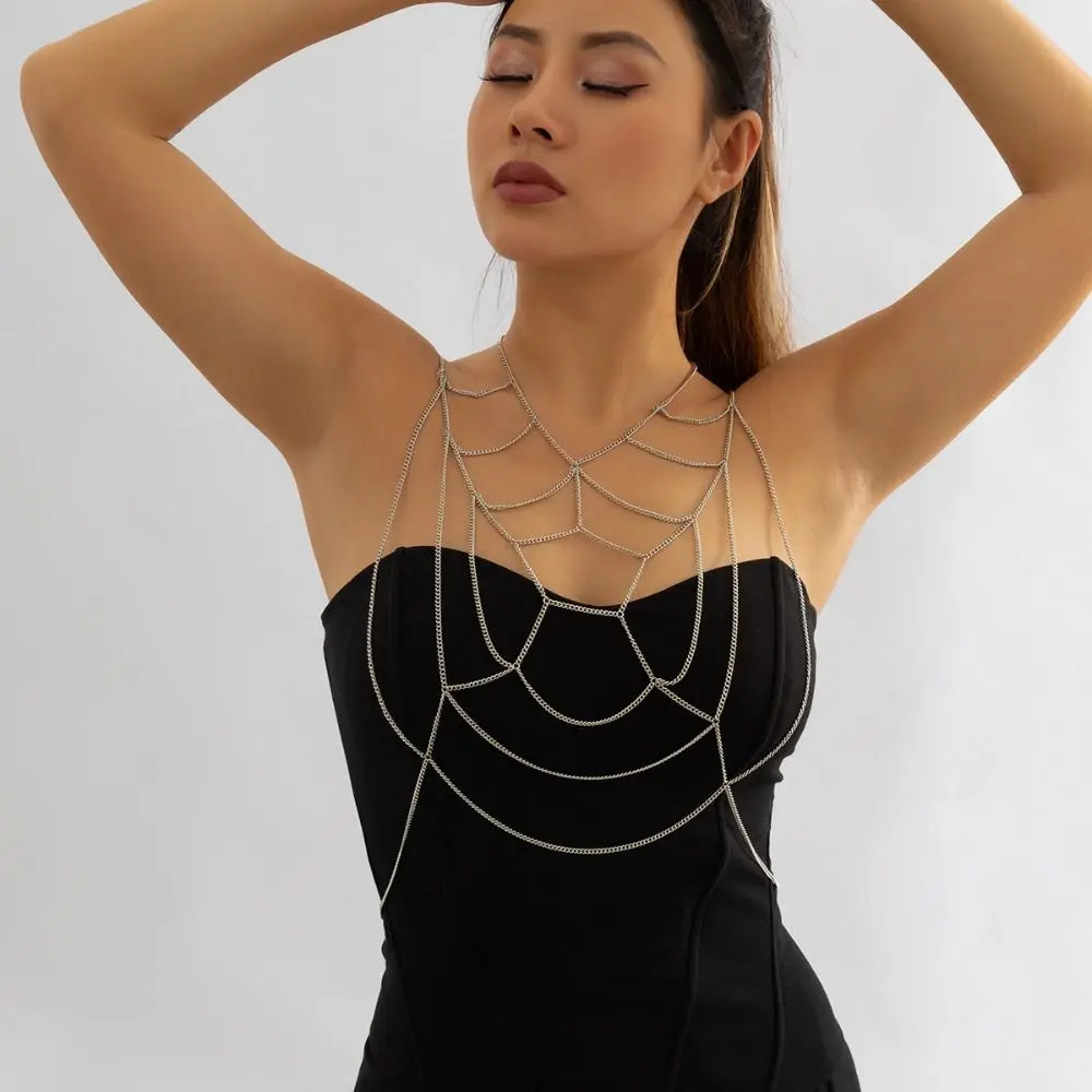 Sexy Spider Web Body Chain Metal Jewelry Halloween Breast Chain Silver Necklace Spider Web Thigh Chain Halloween Accessory