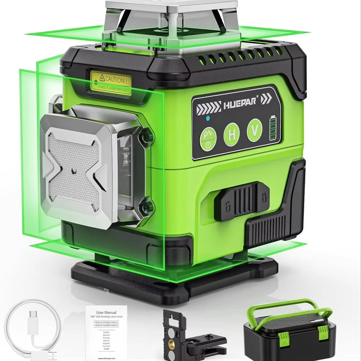 Huepar Laser Level Self Leveling with LCD Screen 4 x 360° High Brightness Rechargeable 4D Lazer Leveler Tool for Construction