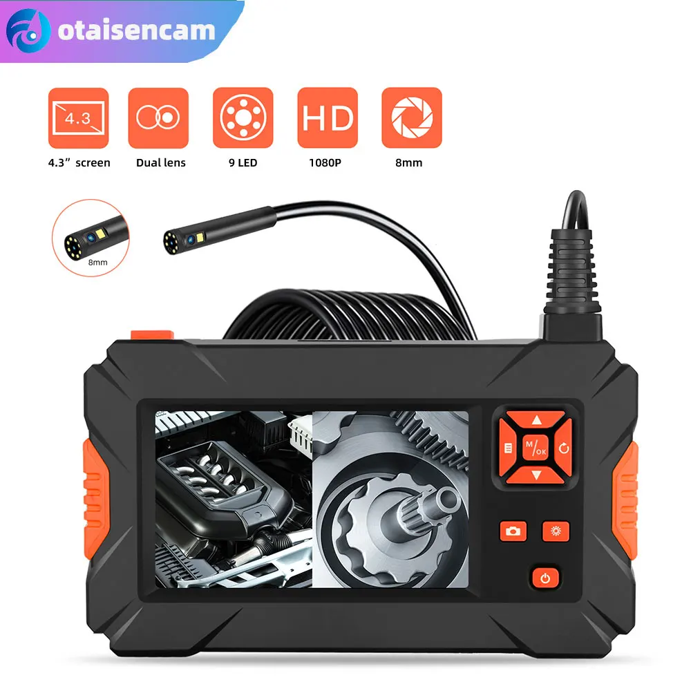 

8mm HD Dual Lens Pipeline Industrial Endoscope 4.3 Inch IPS Screen Car Engine Maintenance Camera Hard Snake Cable Borescope