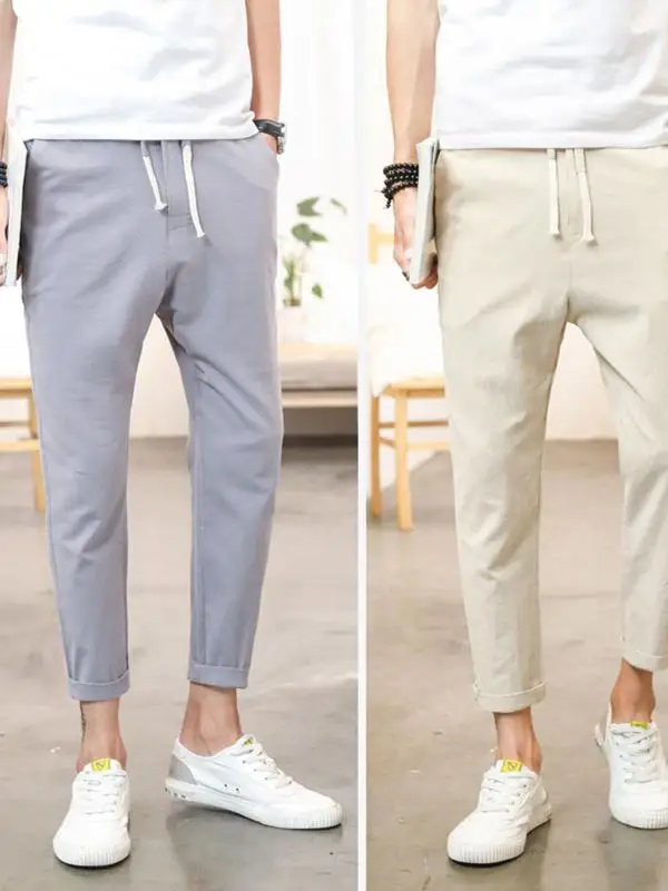 

Men's Cotton Linen Casual Pants Student Sle Slim Fit Summer Nine Points Small Foot Men's Leisure Pants Faionable Korean V...