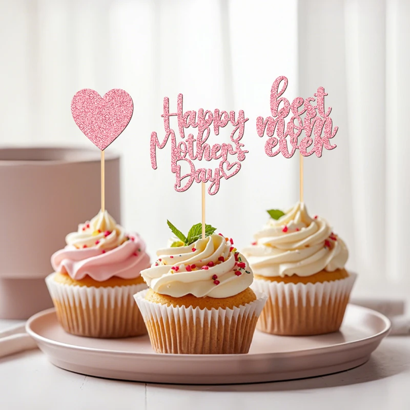 YOMDID 24 Stück Glitzernde Muttertags-Kuchenaufsätze 'Best Mom Ever' Cupcake-Topper Herzförmige Cupcake-Aufsätze Muttertags-Kucheneinsätze
