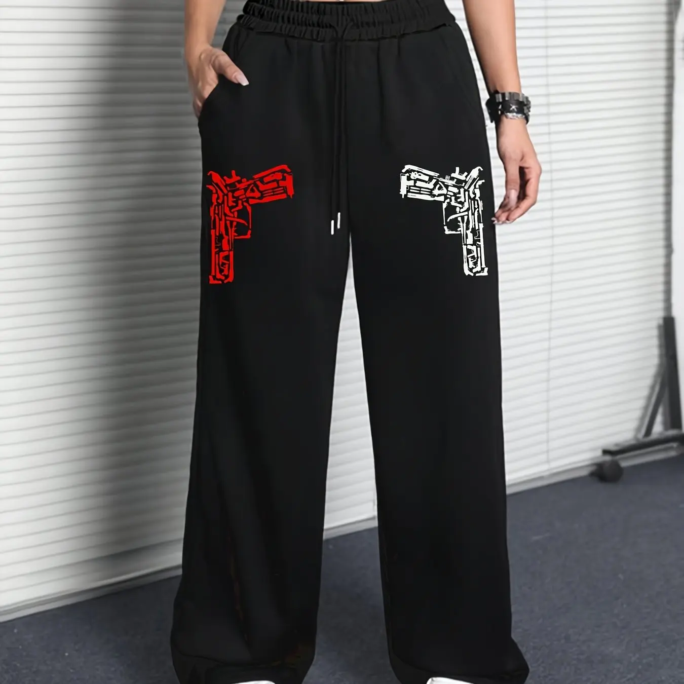 

Новые черные свободные брюки унисекс с широкими штанинами в механическом стиле с принтом для повседневной носки, 2026 год
