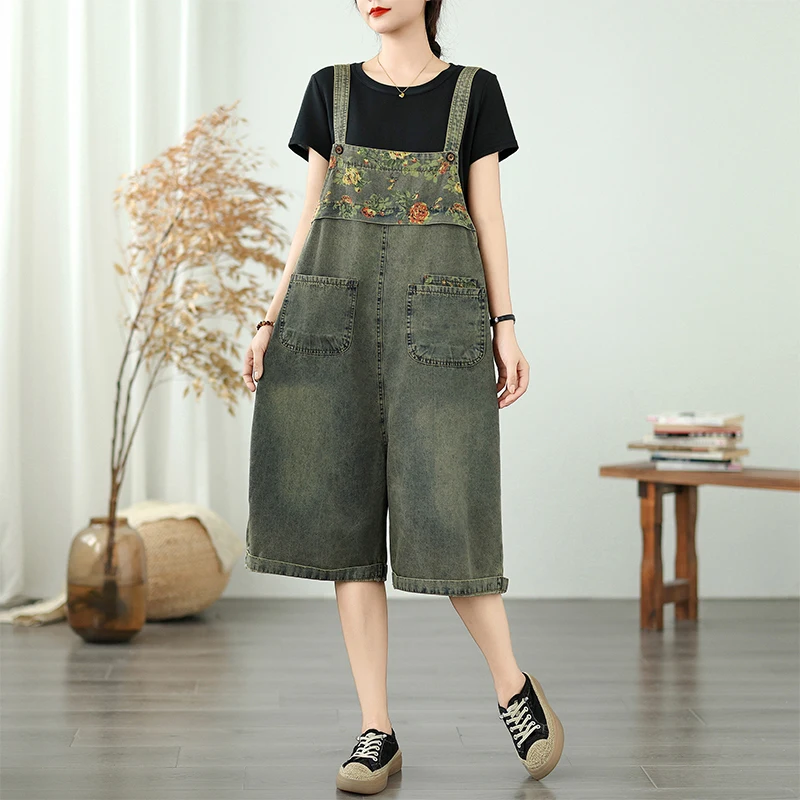 New Women's ort Denim Overalls Patchwork Print Thin Casual orts Pants Five-Quarter Length l Waist Summer Faion