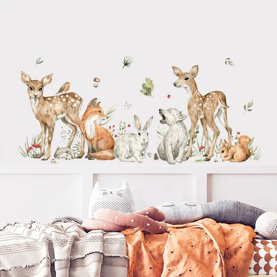 Boho Cartoon Cute Deer Rabbit Woodland Animals Leaf Watercolor Nursery Wall Decals Kids Room Girls Bedroom Sticker Home Decor