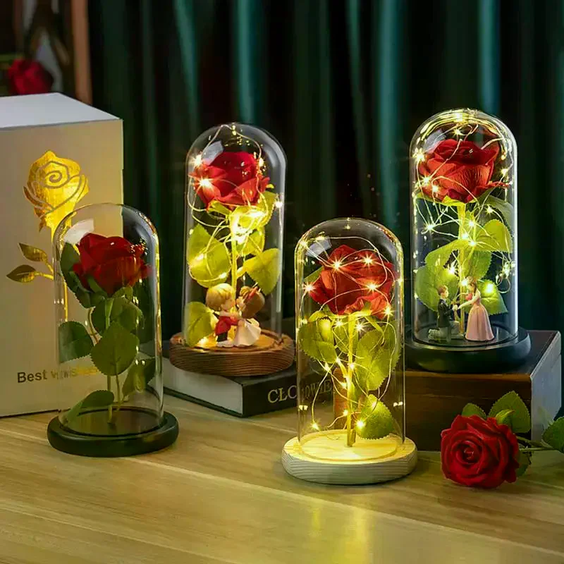 

Eternal Red Rose Artificial Flowers With LED Light Creative Valentine's Day Gift Rose In Glass Cover Simulation Rose Flower