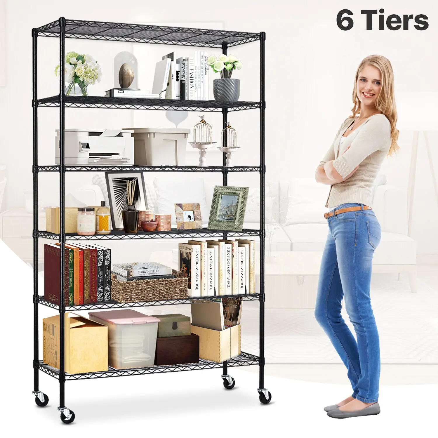 

US 6 Tier Wire Shelving Unit, Adjustable Heavy Duty Metal Shelf, Black Storage Rack