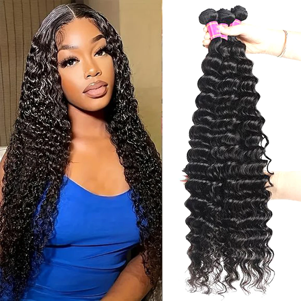 

Deep Wave Human Hair Bundles Natural Real Hair Extensions 26 28 30 32 Inch Brazilian Hair For Women US Delivery Within 3-5 Days