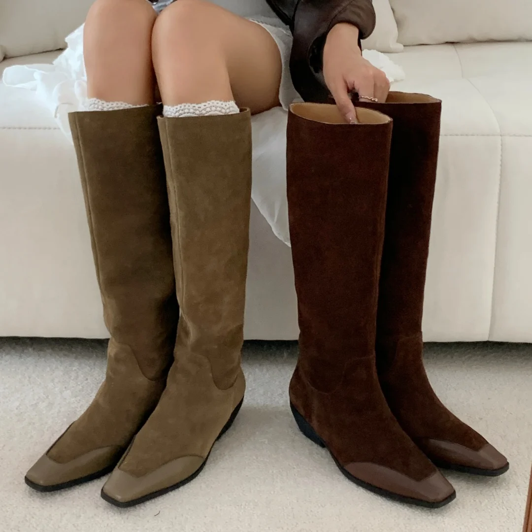 

Women's natural suede leather square toe slip-on autumn knee high western boots 4cm thick med heel female long boots shoes woman