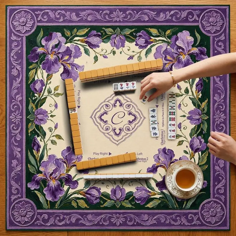 VIKAMA Purple Iris Vintage Carved Mahjong Mat Golden Trim French Palace American Mahjong Poker Pad Non Slip Noise Dampening