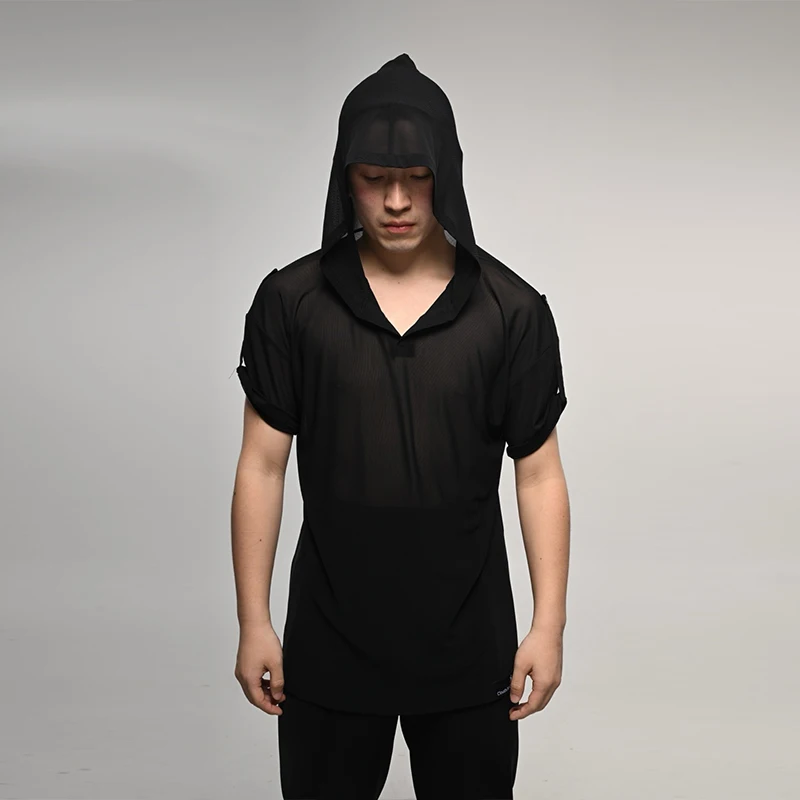 

Latin Dance V-Neck Hooded Tops Men Short Sleeves Practice Clothes Male Rumba Modern Dance Clothing Adult Dancing Shirt XH2879