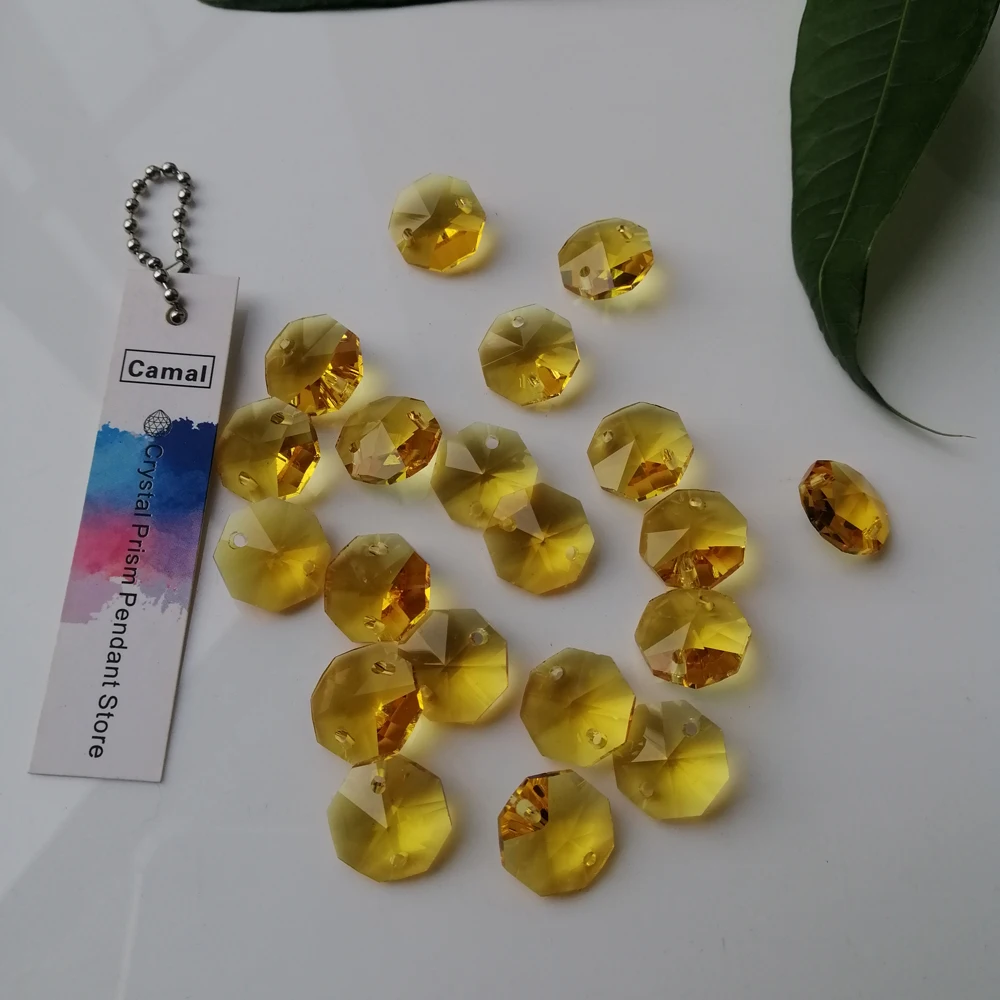 Camal 20pcs Gold Yellow 14mm Crystal Octagonal Loose Bead Two Holes Prisms Chandelier Lamp Parts Wedding Centerpiece Hanging