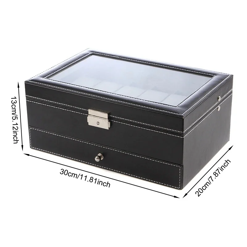 Lockable 2-Tier PU Leather Watch Box 12 Slot Watch Display Case Jewelry Holder for Men Women Watch Collection Gift