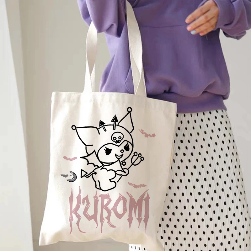 Kawaii Harajuku Kuromi Tote Bag Shopper Canvas Shoulder Bag Eco Sanrio Casual Shopping Bag Women Tote Female