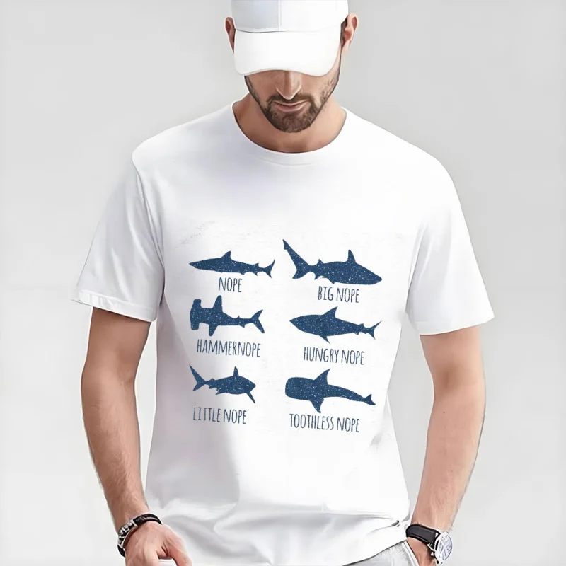 

Mens Shark Nope Tshirt Funny Fear of Sharks Breeds Graphic Novelty Tee for Guys 100% cotton printed clothes All size Tops S-6XL