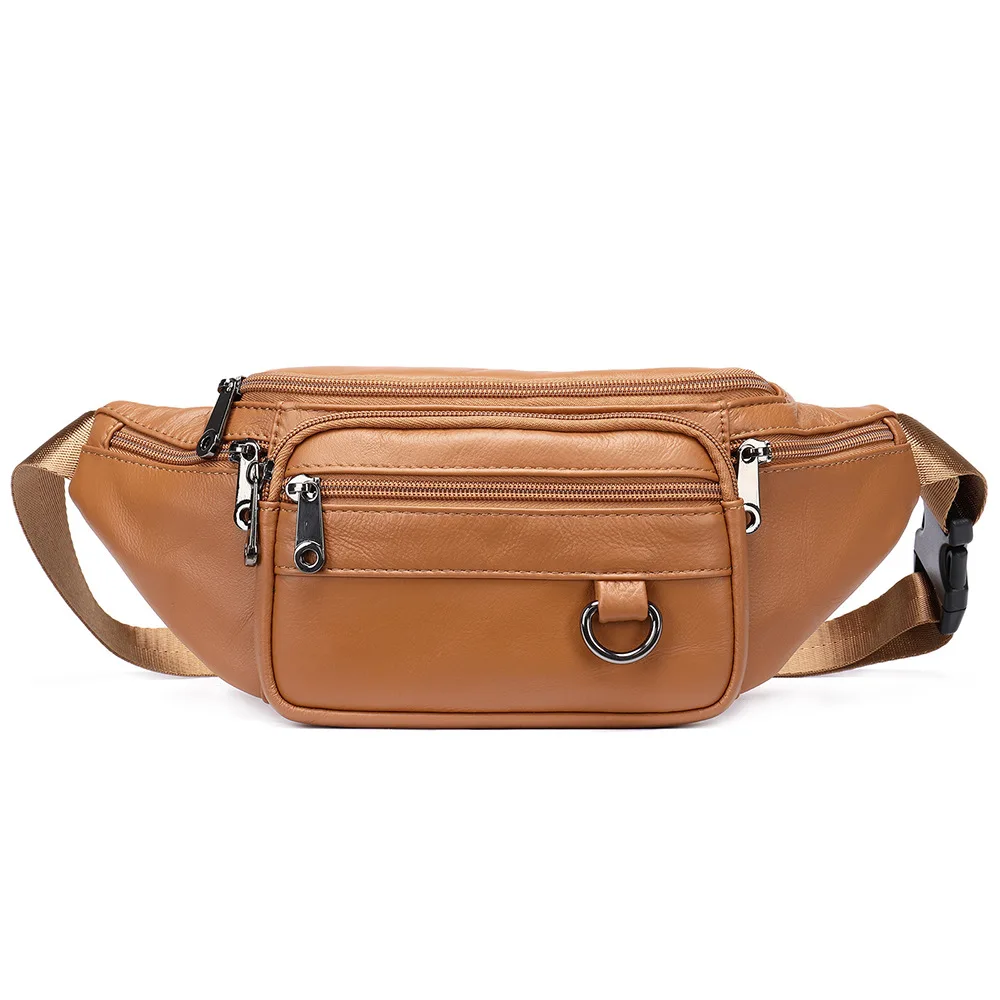 Leather fanny pack, mobile phone bag for business, first-layer cowhide breast  multi-functional sports shoulder messenger