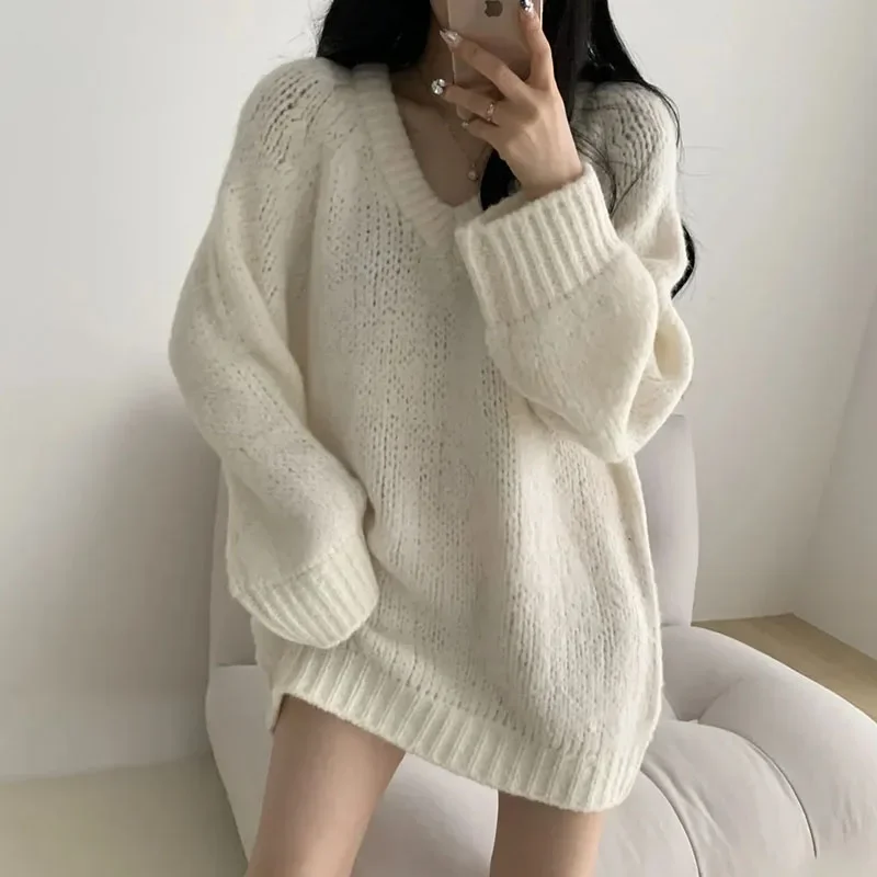 Autumn Winter Women Knitted Sweaters Fashion Korean Oversized Simple V Neck Pullover Harajuku Solid Puff Sleeves Casual Jumpers