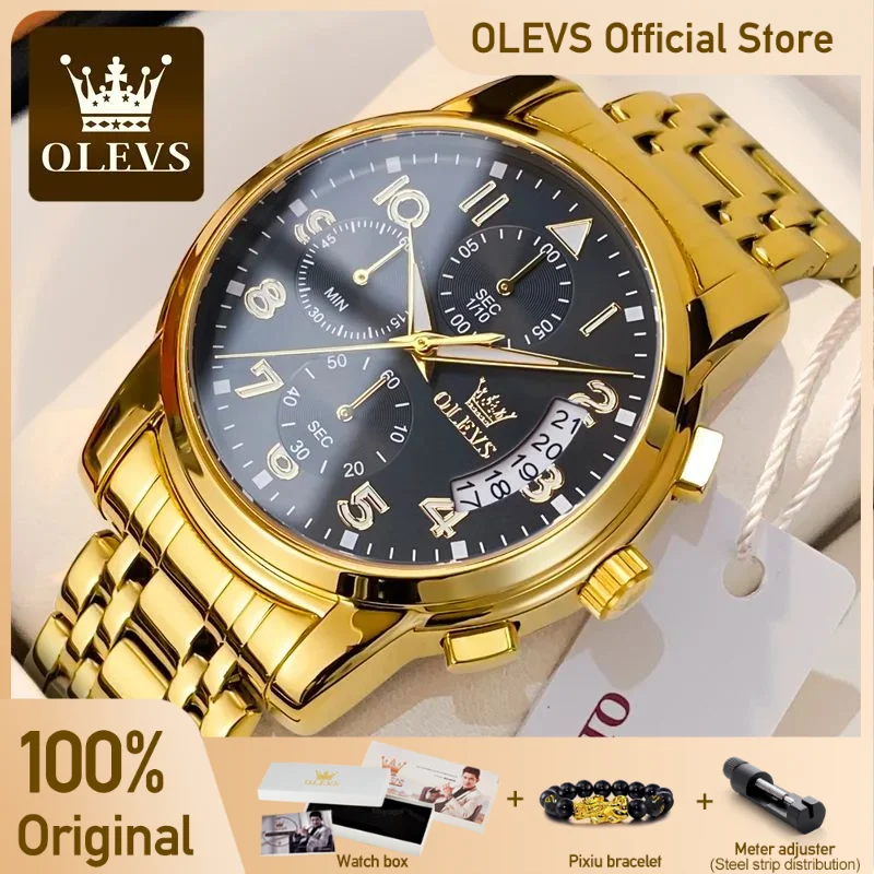 OLEVS Luxury Men\'s Watches Original Gold Chronograph Wristwatch Waterproof Stainless Steel Luminous Quartz Watch for Man Social