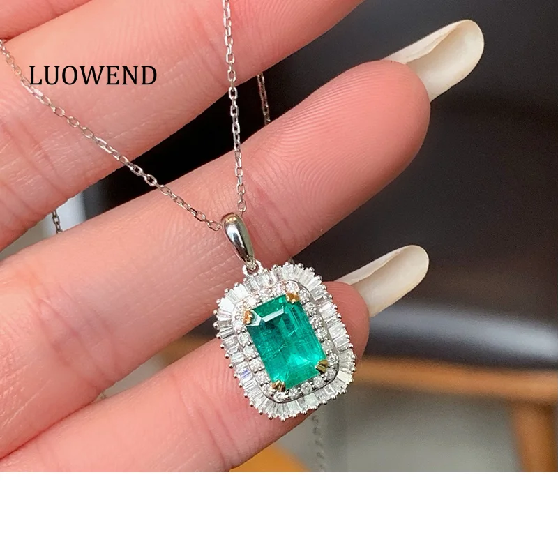 LUOWEND 100% 18K White Gold Necklace Women Luxury Elegant Style Shiny Diamond Natural Emerald Pendant Necklace Fine Jewelry