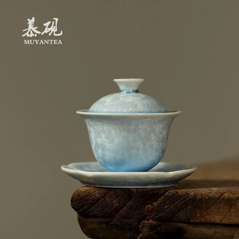 Mu Yan Kiln-Transformed Tenmoku Glaze Gaiwan, Three-Talents Purely Handmade Gaiwan Tea Bowl, Creative Ins-Style Single High-End