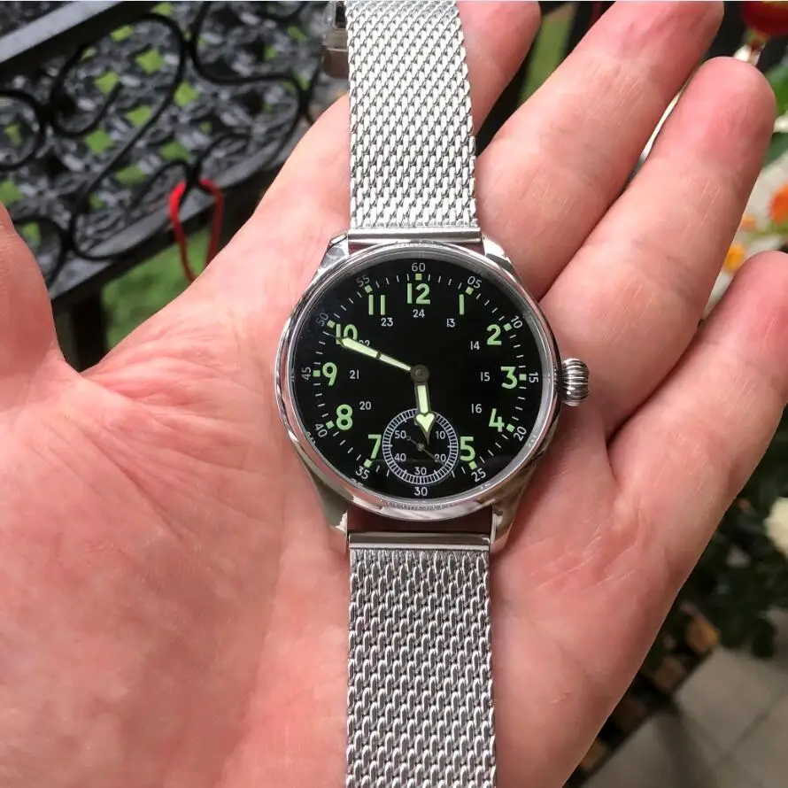 41mm NO LOGO Sapphire Crystal Or Mineral Glass  Black Luminous Dial Asian ETA6498 Mechanical Movement Pilot Men's Watch