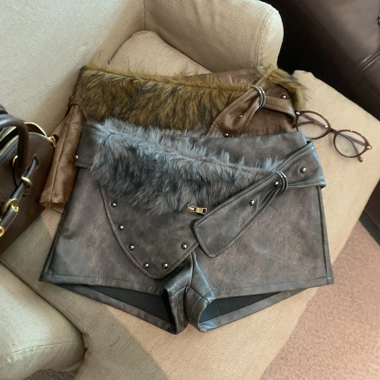 

Женские осенне-зимние шорты из искусственной кожи, женские уличные шорты с высокой талией и заклепками, широкие брюки из искусственной кожи