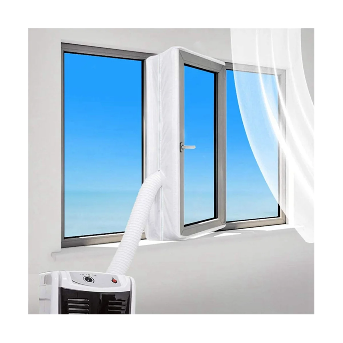 ซีลหน้าต่างสําหรับเครื่องปรับอากาศแบบพกพา แผงซีลผ้ายืดหยุ่น 400 ซม. ซีลหน้าต่างพร้อมซิปและกาวด่วน