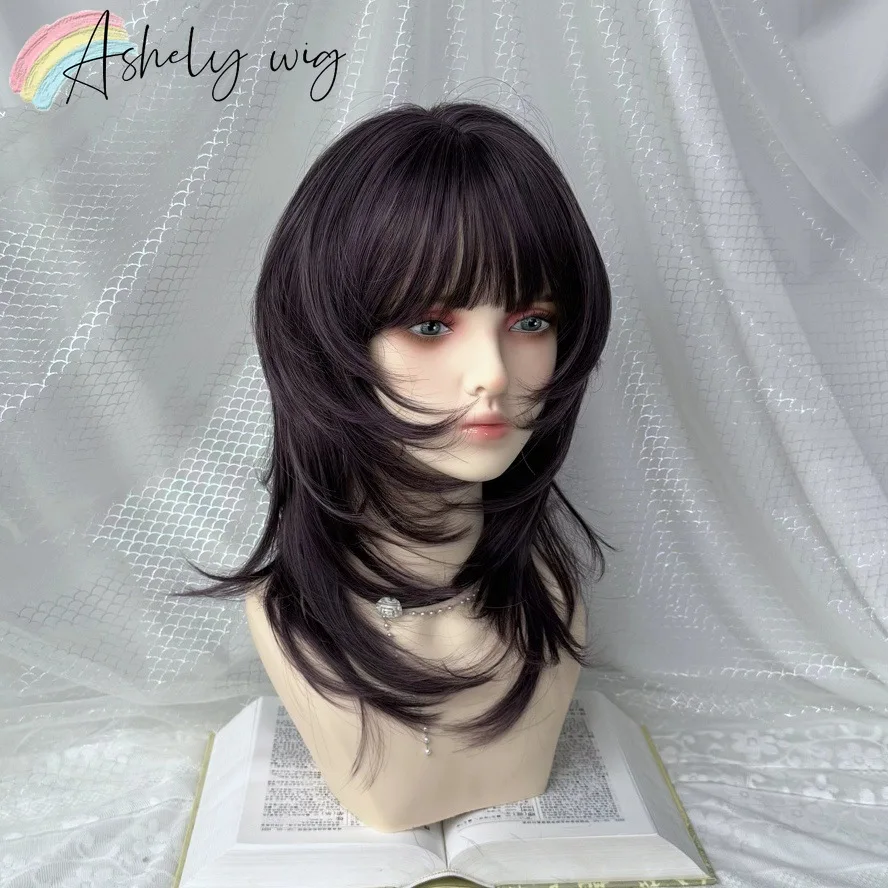 

Ashely Japanese-style Wigs Brown Short High Quality Heat-resistant Old-fashioned Collarbone Wig with Straight Bangs Daily Use