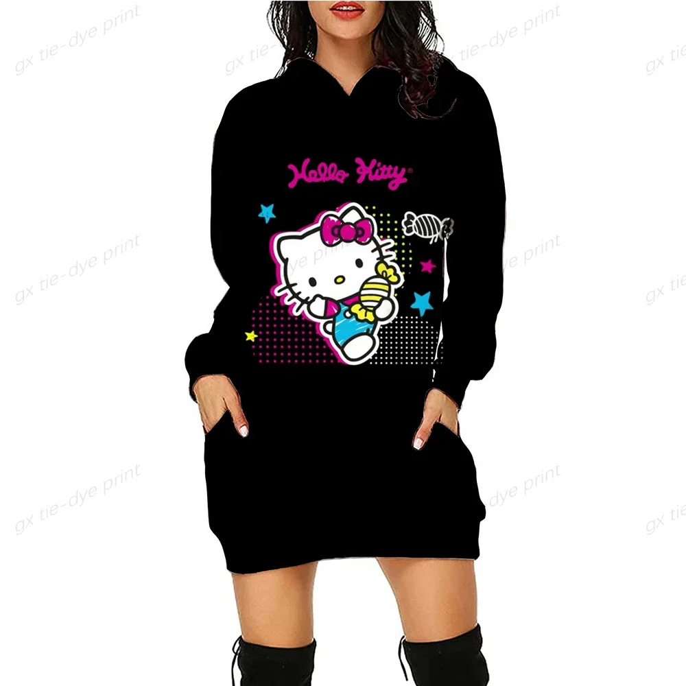 HELLO KITTY  Blocking Printed Sweatshirt Women Fashion Casual Long Sleeve O Neck Pullover Hoodies Autumn Slim Fit Hoodies Dress