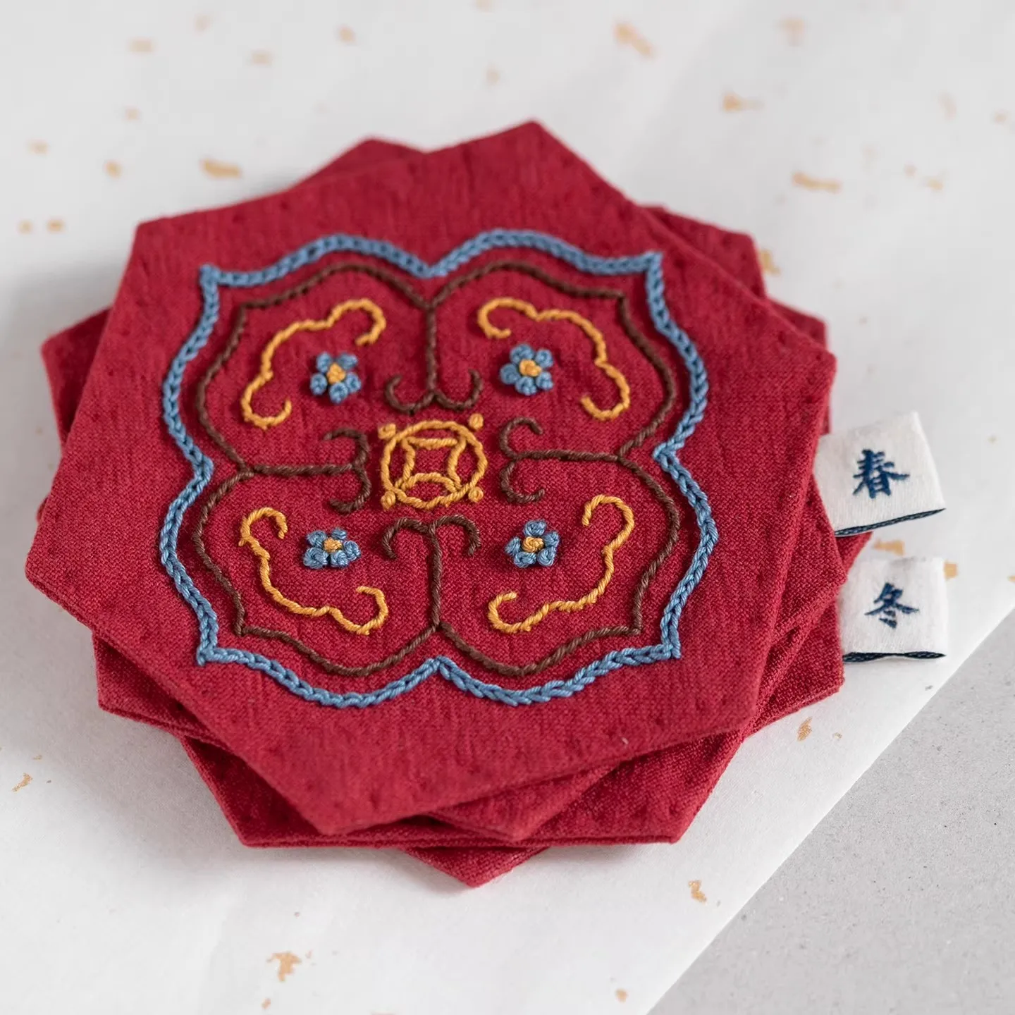Hand-Embroidered Chinese Coaster Set - 4PCs DIY Embroidery Kit with Lucky Patterns , Linen Cotton Blend