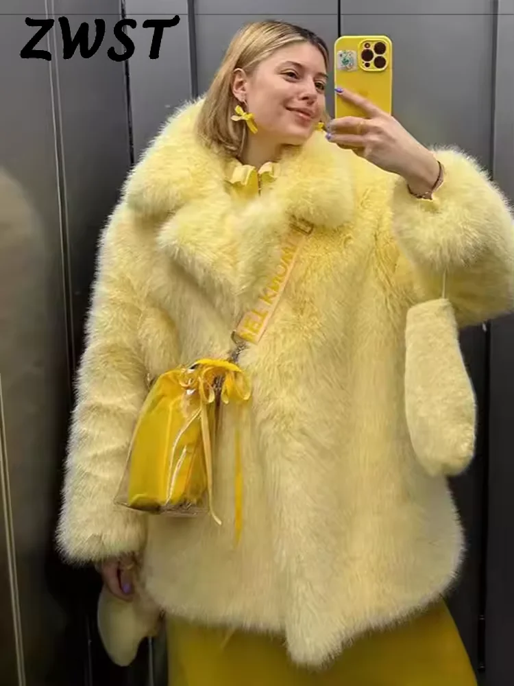 Warm Yellow Fur Coat Women Winter Turn-down Collar Long Sleeve Single Breasted Midi Female Coats 2024 Fashion Fashion Outwear