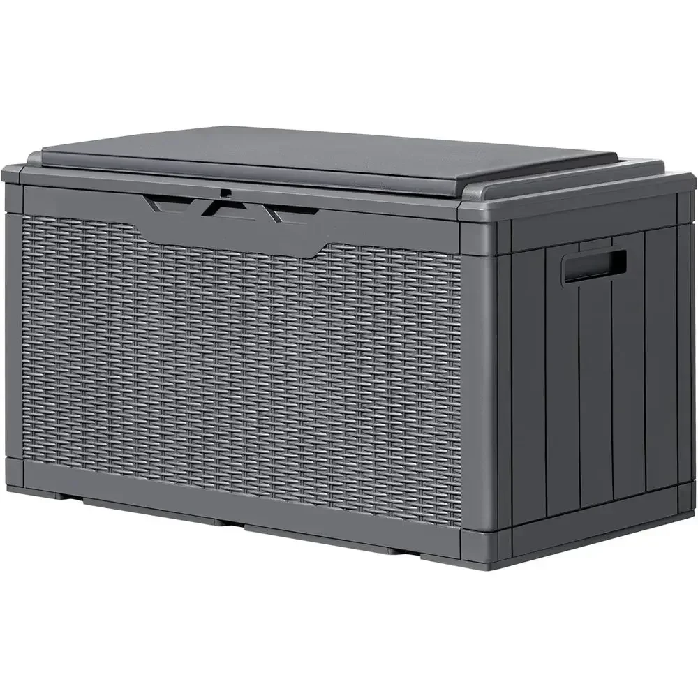 100 Gallon Lockable Deck Storage Box with Cushion, Outdoor Patio Furniture, Garden and Pool Supplies Holder (Gray)