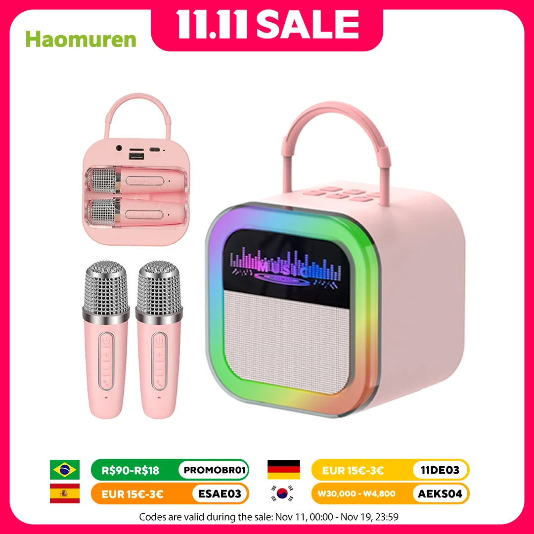 

Haomuren Portable Bluetooth Karaoke Speaker with 2 Distortion Mics Mini Karaoke Machine For Children Outdoor Family Gatherings