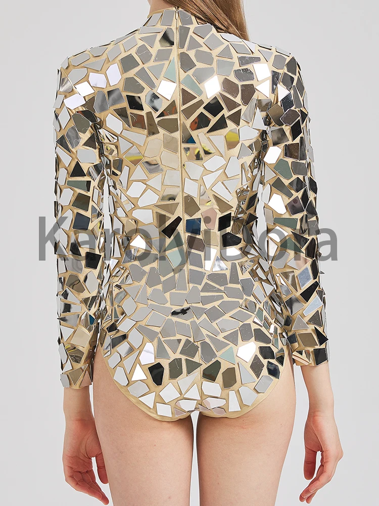 2023 Sparkly Silver Mirrors Bodysuit Sexy LongSleeves Leotard Gogo Stage PerformanceDancer Costume Birthday Celebrate