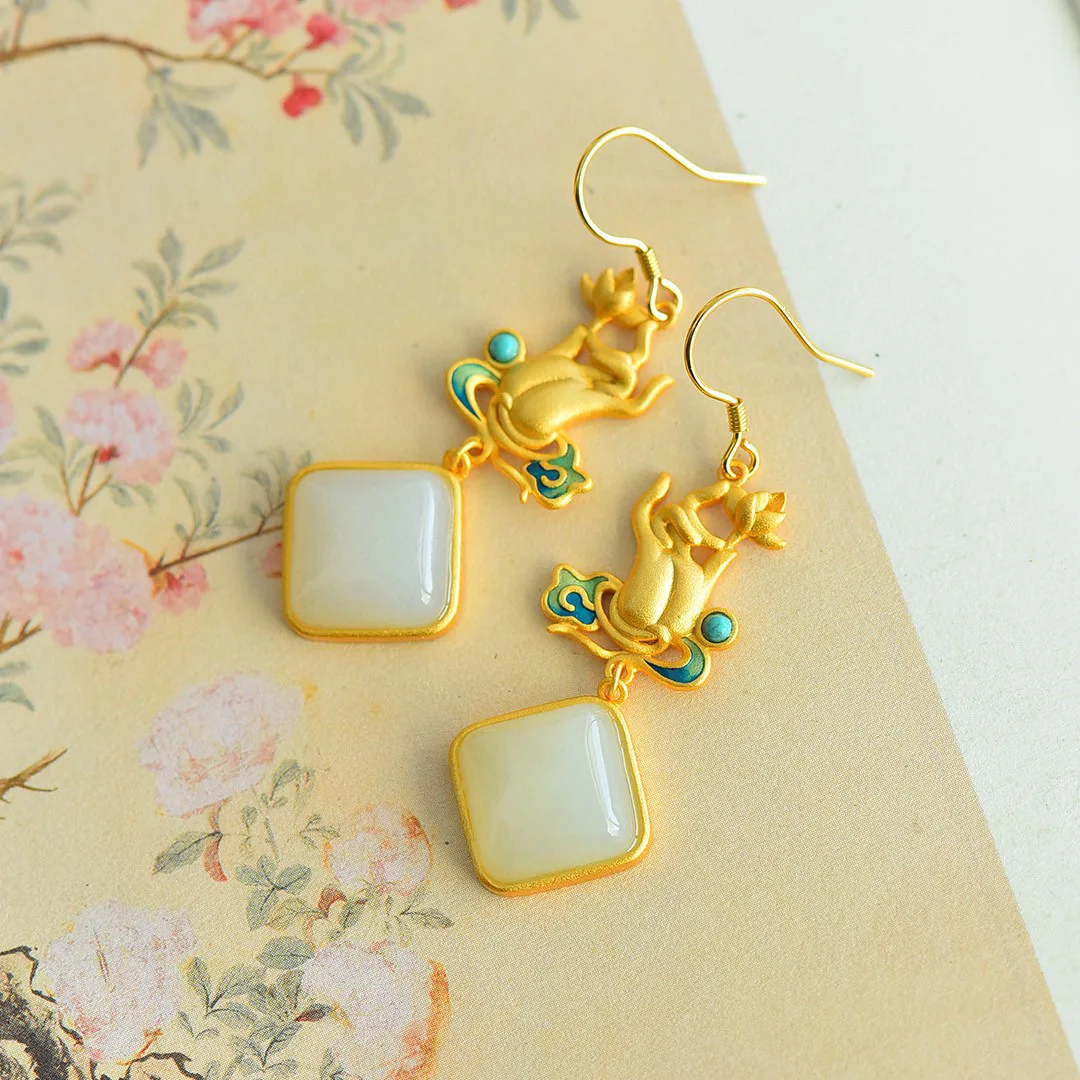 WomensRetro Unique S925 Sterling Silver Stud Earrings Featuring Hetian Jade Elegant Hypoallergenic Vintage Jewelry for Daily Use