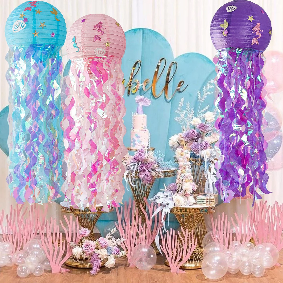 Mermaid Jellyfish Paper Lantern Disposable Tableware Mermaid Themed Birthday Party Decoration Kids DIY Wedding Party Supplies