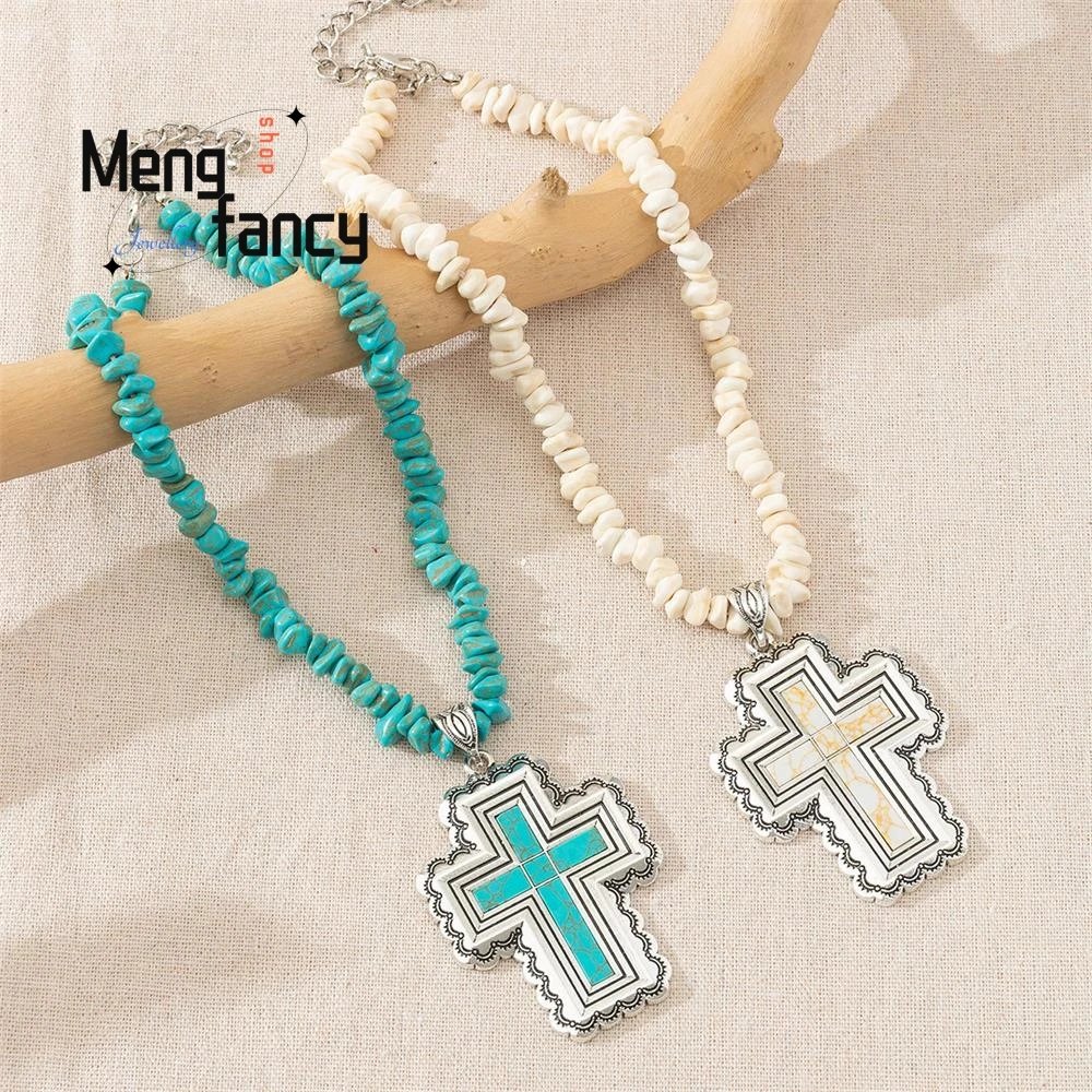 

Hot Selling Bohemian Style Vintage Cross Crushed Stone Chain Natural Turquoise Necklace Best Selling Fashion Fine Jewelry Mascot