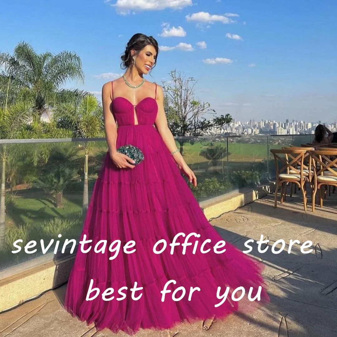 Sevintage Fuschia Tulle Prom Dresses Sweetheart Spaghetti Strap A-Line Pleat Ruched Evening Gowns Special Occasion Gown 2023