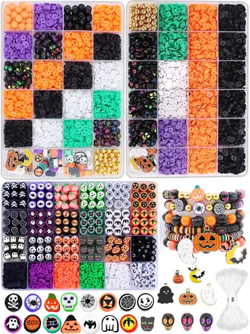 1Set Halloween Bracelet Making Kit for Women Polymer Clay Beads with Skull Charms, DIY Jewelry Making Supplies for Party Favor