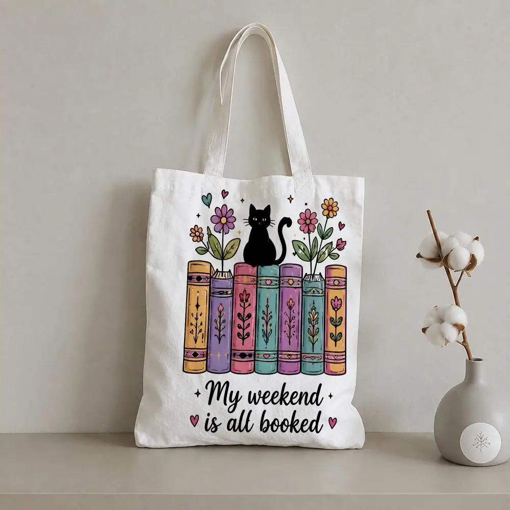Book Lover Floral Reading Quotes Storage Bags 1pc Canvas Tote Bag Reusable Shopping Shoulder Bag For Women Daily Use