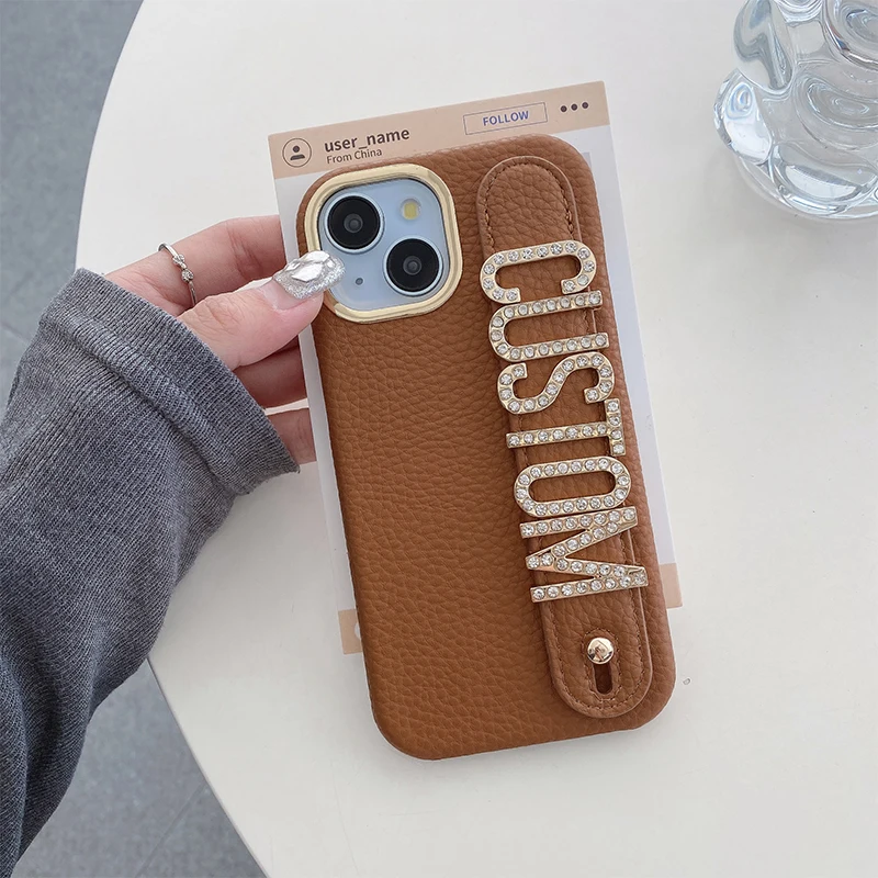 Personalized Leather Phone Case with Name and diamond Letter Wristband for iPhone 16 15 14 13 12 11Pro Max 14 15 16Plus Cover